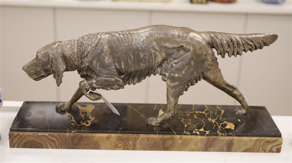 Clovis Edmond Masson. A spelter retriever on marble base, legnth of base 60cm, overall height 26.5cm.